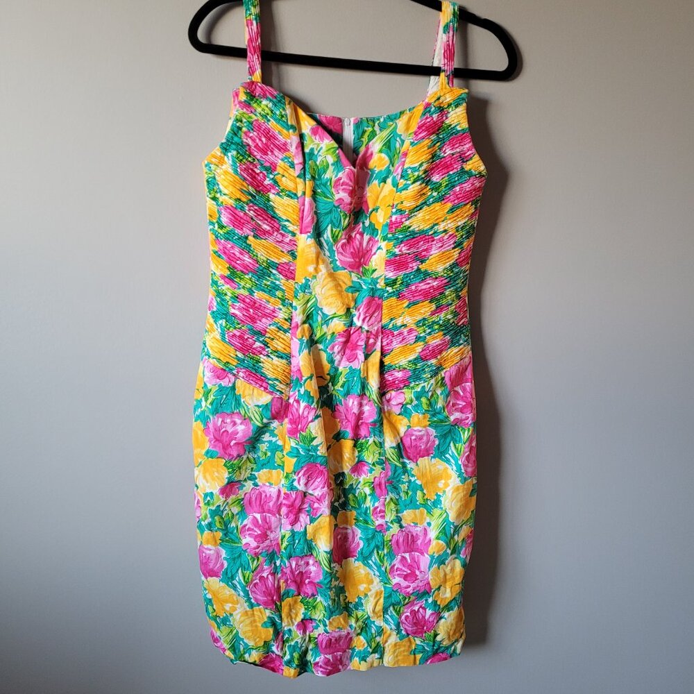Floral ruched bodice dress 1980s vintage floral party dress